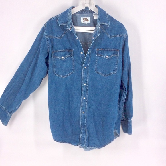Ely Cattleman Tops - VTG Ely Cattleman Denim Cotton Snap Button Shirt L